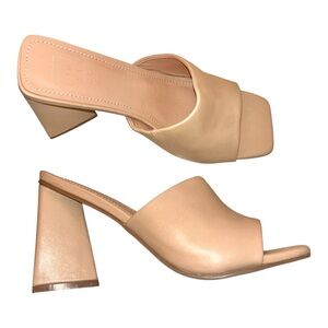 ShuShop Nude Tan Open Toe Block Heel‎ Mules Shoes Size 7.5